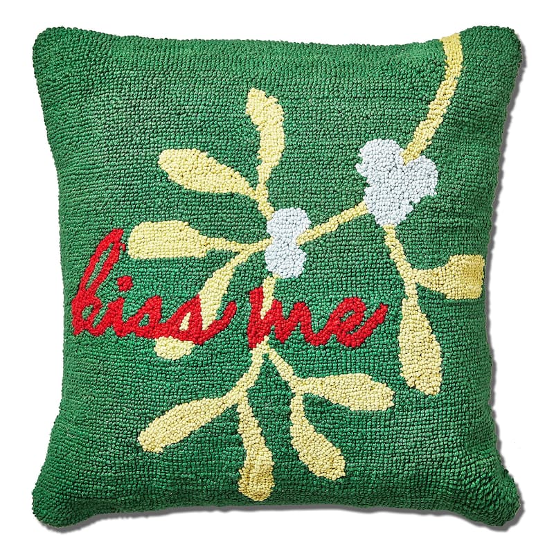 18"x18" Christmas Green Kiss Me Mistletoe Needle Tufted Cotton Accent Decorative Throw Pillow