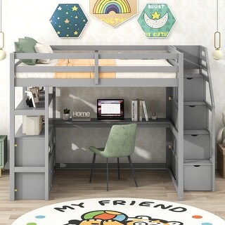 Full Size Loft Bed with Desk, Shelves, and Storage Staircase, Grey