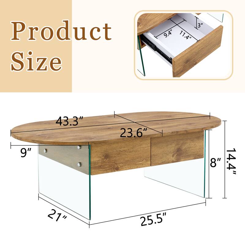 Cozy Oval Double Drawer Coffee Table,Multi-Functional Design,Both Sides Are Transparent Tempered Glass