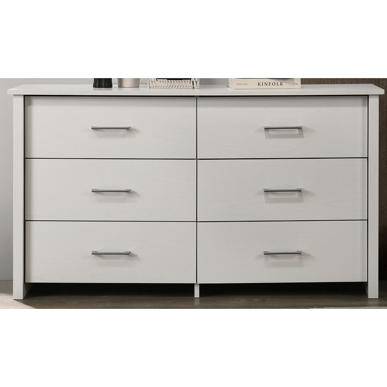 Seraphiel 57"W White 6-Drawer Dresser with Silver Handles