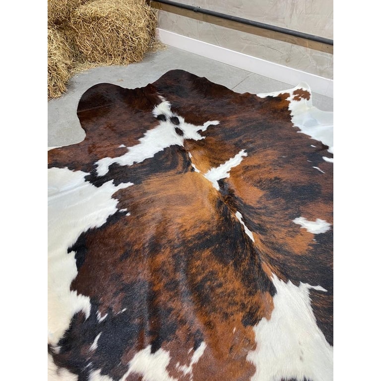6' x 7' Feet Brindle Tri-Color Cowhide Brown Black White Handmade Soft Large Cow Hide Cow Skin Leather Animal Area Rug