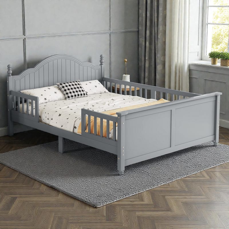 Kids Wooden Platform Bed with Safety Guardrails, Low Profile Bed with Headboard and Footboard - Grey - Full