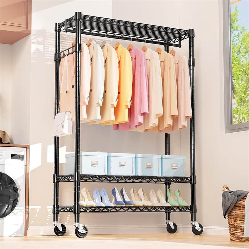 Heavy Duty Rolling Garment Rack 3 Tiers - 17.7"D x 47.2"W x 83.6"H - Black 3 Tier with 1 rod