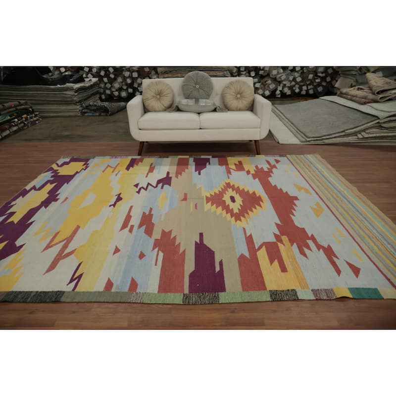 Hand Woven Oriental 100% Wool Carpet Southwestern Modern Multi-Colored Kilim Area Rug - 10' 1'' X 8' 2''