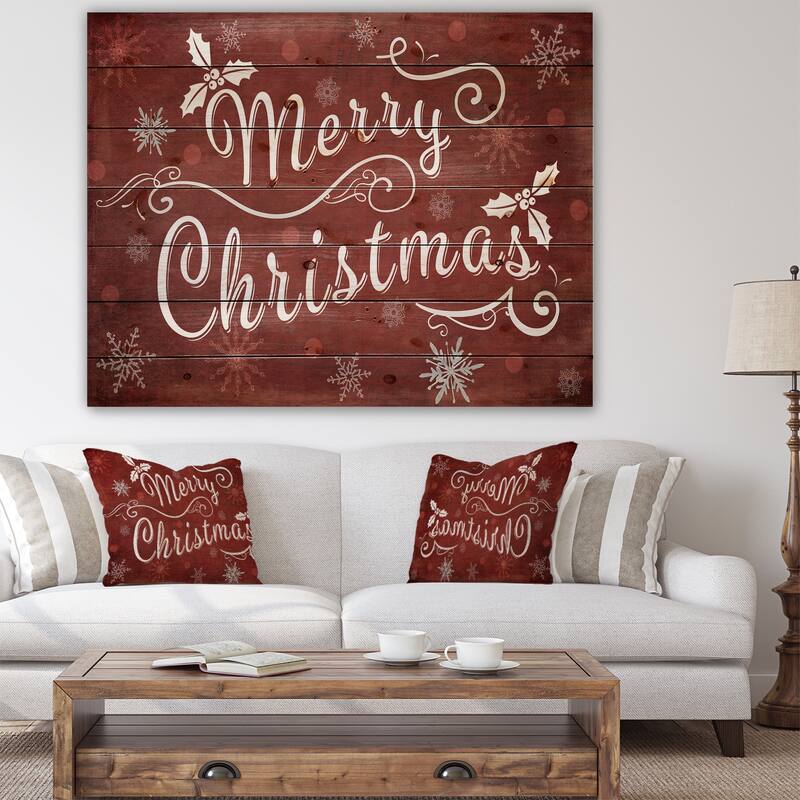 Designart 'Merry Christmas Season Greetings on Red' Print on Natural Pine Wood - Red