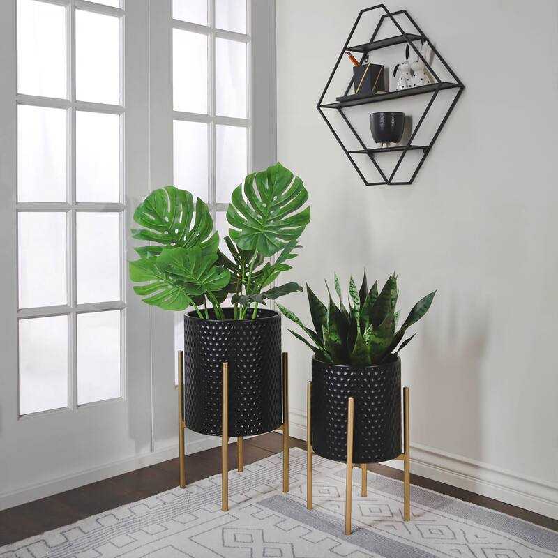 Sagebrook Home Chic Modern Planter Set of 2 - A Statement Piece for Indoor or Outdoor Greenery, Ideal for Contemporary Spaces - 14.0" x 14.0" x 23.0" - Black and Gold