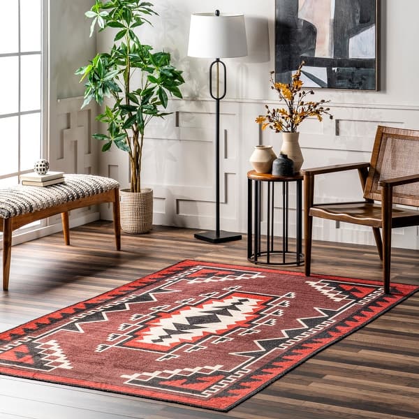 slide 2 of 21, Nuloom Adrena SpinClean Bold Boho Machine Washable Area Rug 4' x 6' - Red - Rectangle