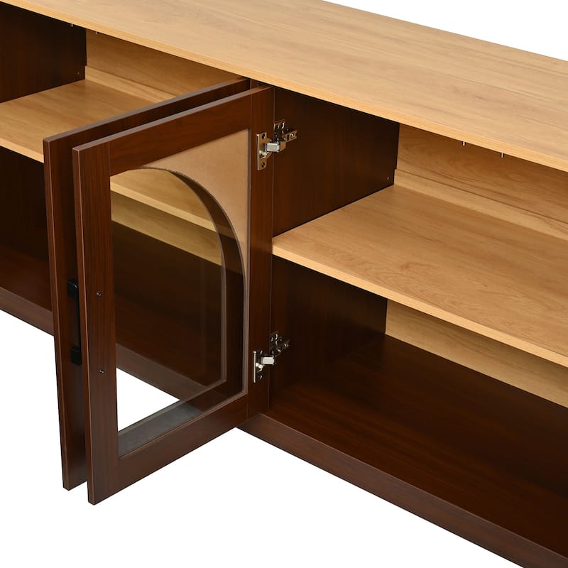 Farmhouse TV Stand with Semi-Arched Glass Doors for TVs Up to 70",Adjustable Shelves,Wood Grain Sideboard with Cable Management