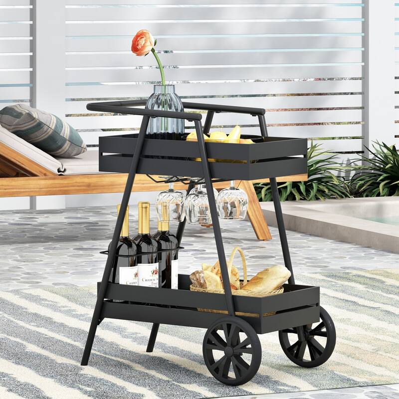 Modern Industrial Bar Cart with Iron Frame, Wheelbarrow-Inspired Design, Wine Bottle Holders and Mobile Rolling Wheels