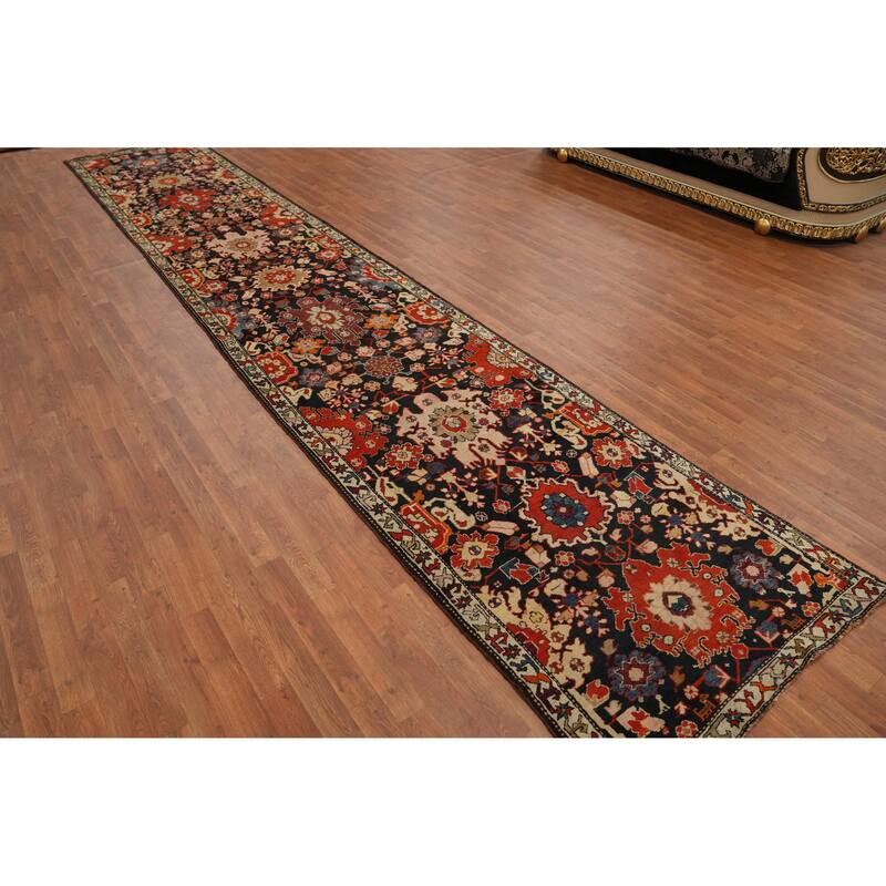 Hand Knotted Oriental 100% Wool Carpet Floral Navy Blue & Blues Runner Rug - 19' 0'' X 3' 6''