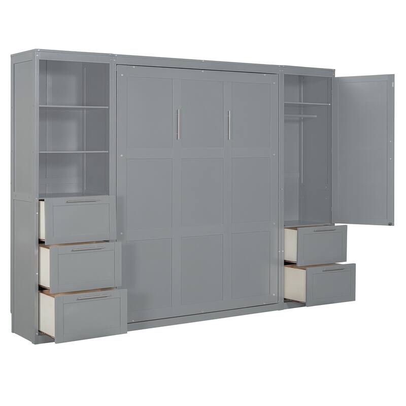 Modern Queen Size Murphy Bed with Closet, Drawers, and Shelves
