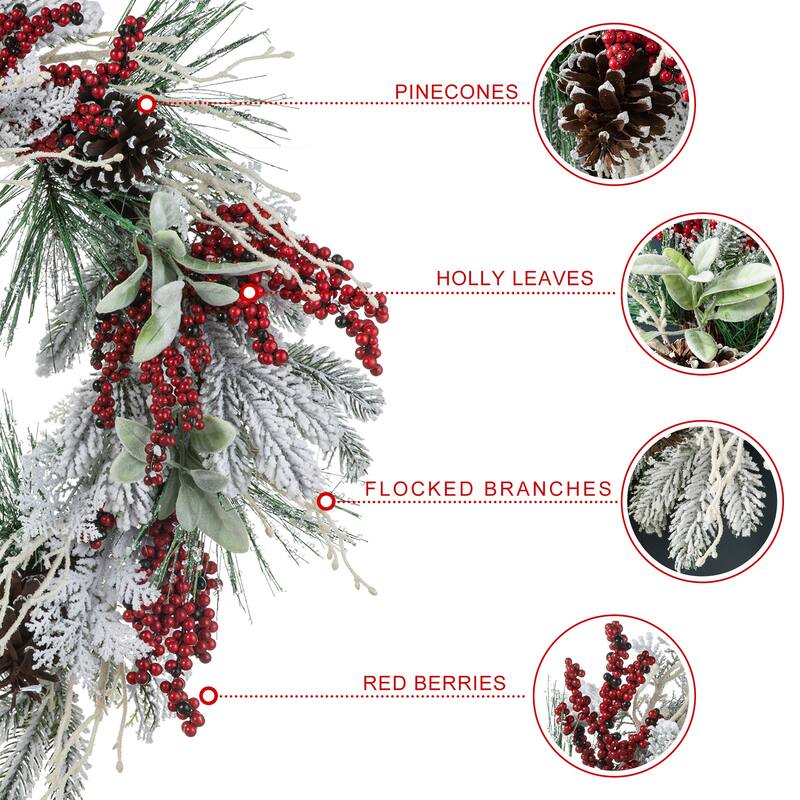 Glitzhome Artificial Christmas 5-Piece Set, 4ft Snow Flocked Artificial Potted Trees, Pinecone Berry Wreath and Teardrops