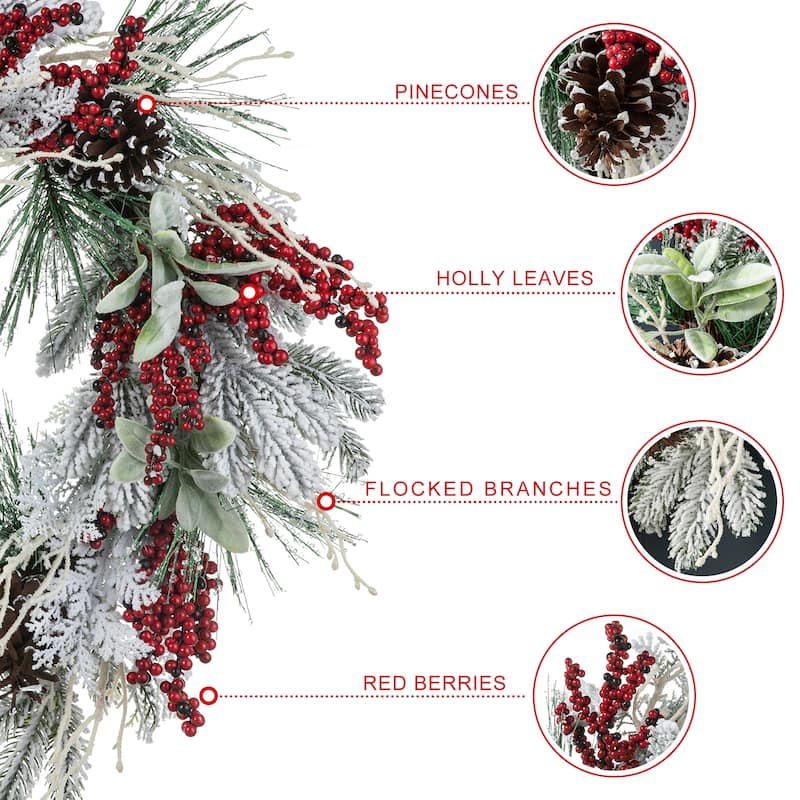 Glitzhome Artificial Christmas Flocked Pinecone Berry Teardrop Wreath Centerpiece