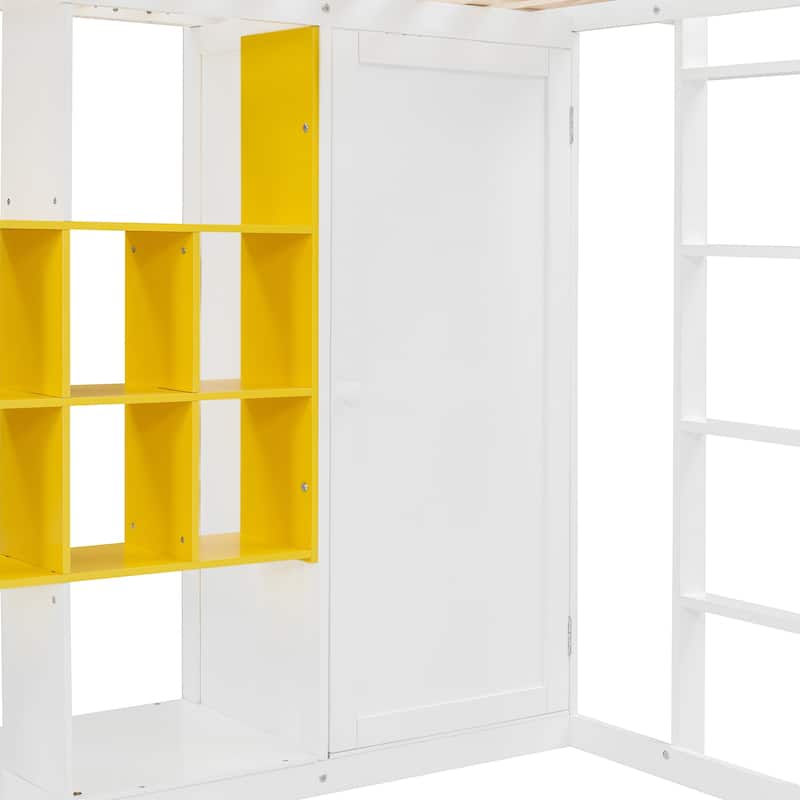 White and Yellow Twin Size Wood Loft Bed with Wardrobe, Shelves, and Cabinet