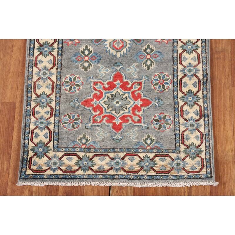 Geometric Grey Kazak Oriental Runner Rug Hand-Knotted Wool Carpet - 2'2" x 5'11"