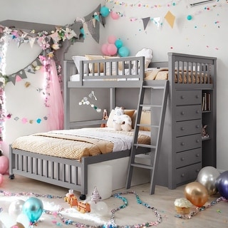 Modern Twin Over Full Bunk Bed With Six Drawers And Flexible Shelves With Wheels