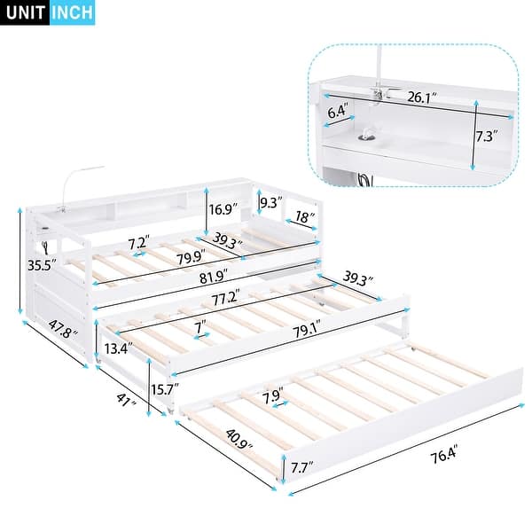 White Twin XL Size Solid Wood Daybed with 2 Trundles, 3 Storage Cubbies, 1 Light for Free and USB Charging Design