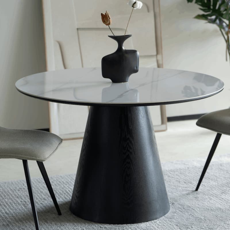 47" Round Dining Table with Sintered Stone Top and Ash Wood Base Riven Series