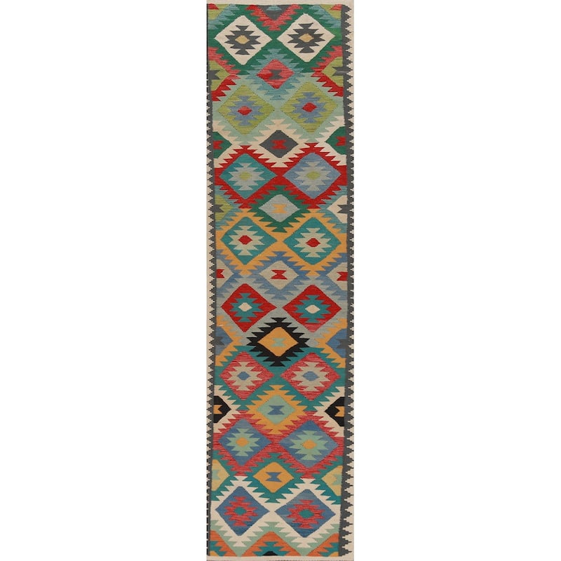 Hand Woven Oriental 100% Wool Carpet Southwestern All-Over Multi-Colored Kilim Runner Rug - 12' 10'' X 2' 9''