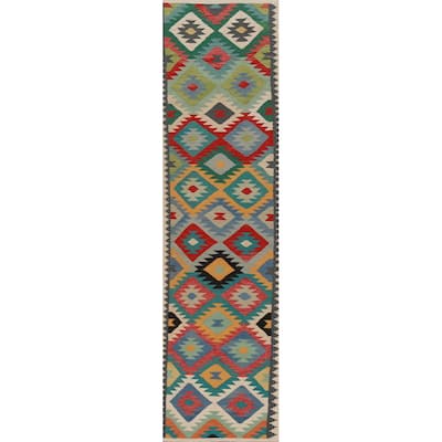 Hand Woven Oriental 100% Wool Carpet Southwestern All-Over Multi-Colored Kilim Runner Rug - 12' 10'' X 2' 9''