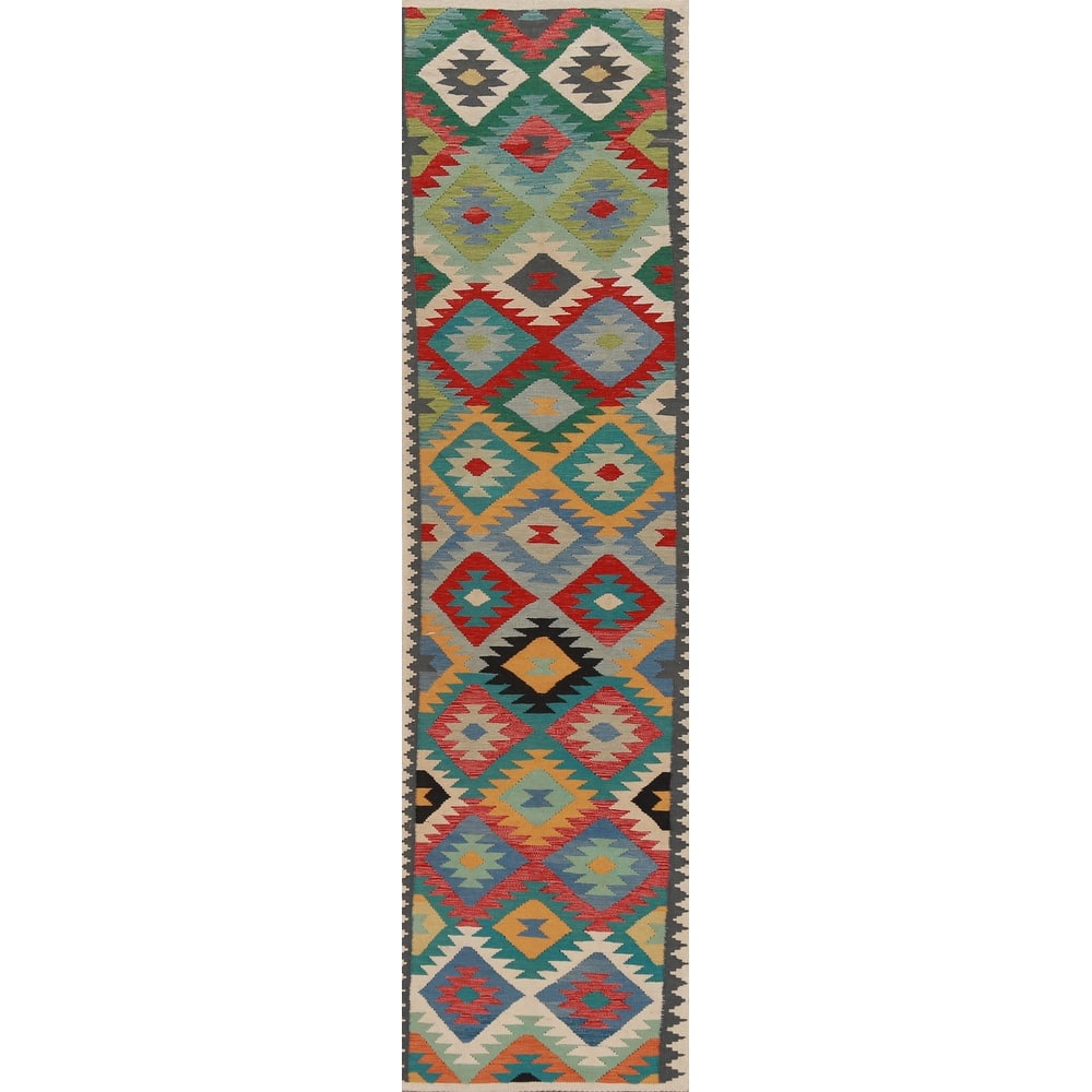 Hand Woven Oriental 100% Wool Carpet Southwestern All-Over Multi-Colored Kilim Runner Rug - 12' 10'' X 2' 9''