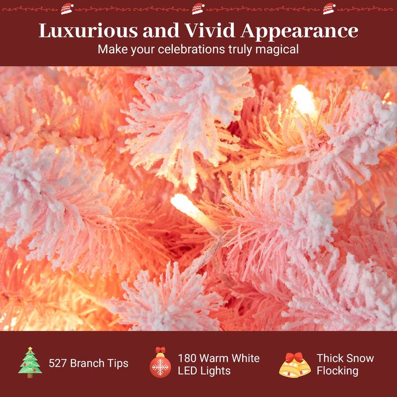 Gymax Pre-Lit Christmas Tree Slim Pencil Xmas Tree w/ Snow Flocked PVC
