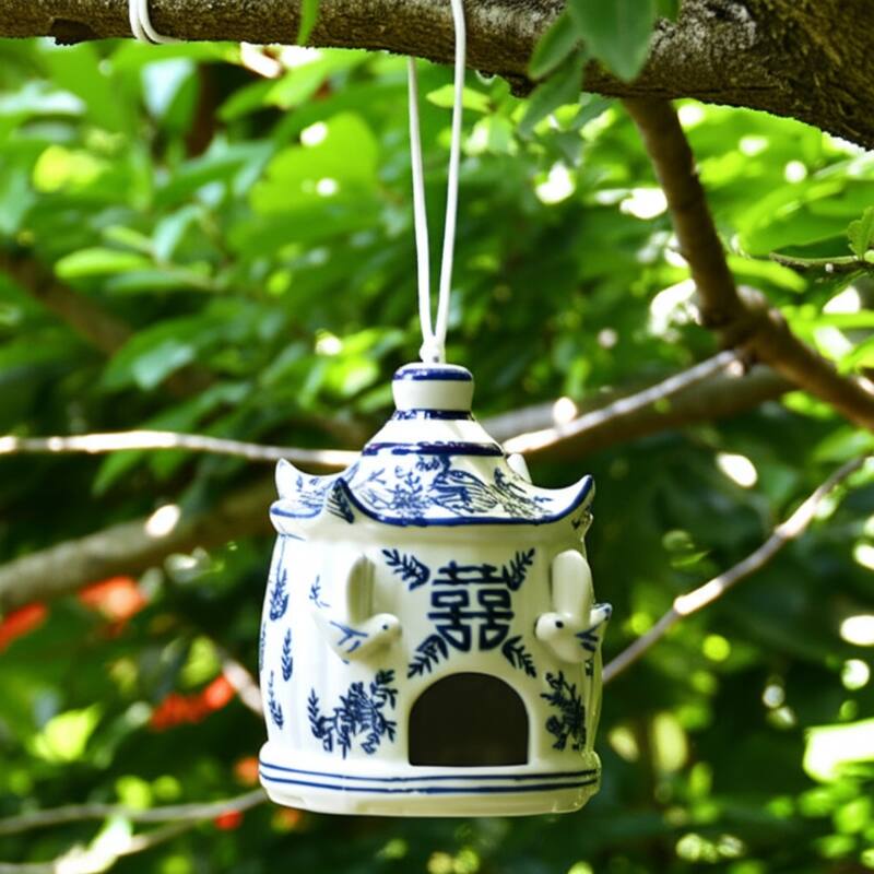 Ceramic Birdhouse Chinoiserie Floral Design Home and Garden Decor - 8" White - 7" x 7" x 8"