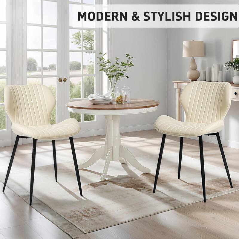 Mid Century Modern Upholstered PU-Dining Chairs with Metal Legs, Set of 2, Beige