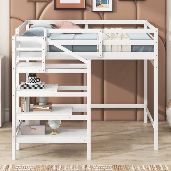 slide 2 of 15, Full Loft Bed with Built-in Storage Staircase and Hanger for Clothes White - Full