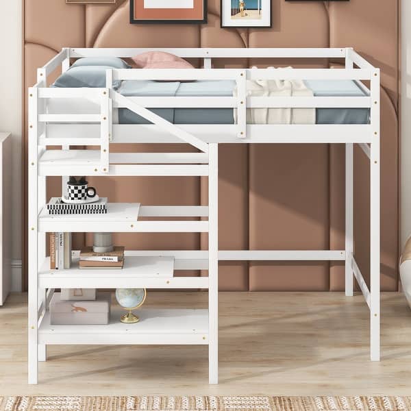 slide 2 of 22, Full Size Wood Loft Bed with Built-in Storage Staircase & Hanger for Clothes White