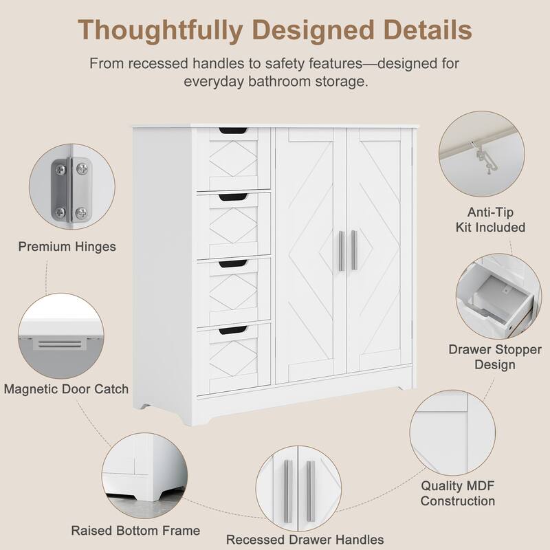 VECELO Wooden Bathroom Floor Cabinet, Side Storage Organizer Cabinet with 4 Drawers Freestanding Entryway Storage Unit
