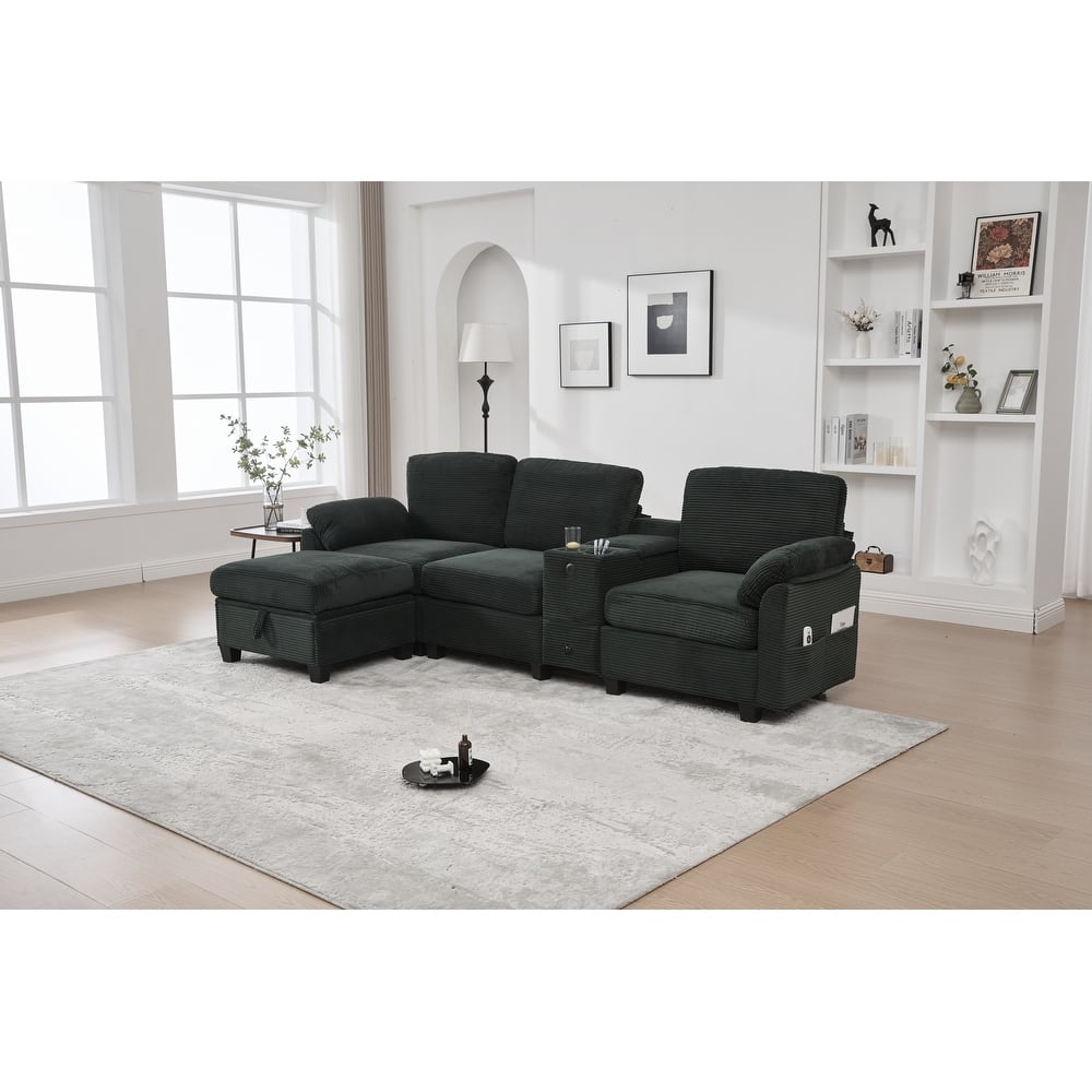 HOMEFUN Corduroy Upholstered L-Shaped 4-seater Storage Multifunctional Sectional Sofa with Storage Ottoman,Cup Holder and USB