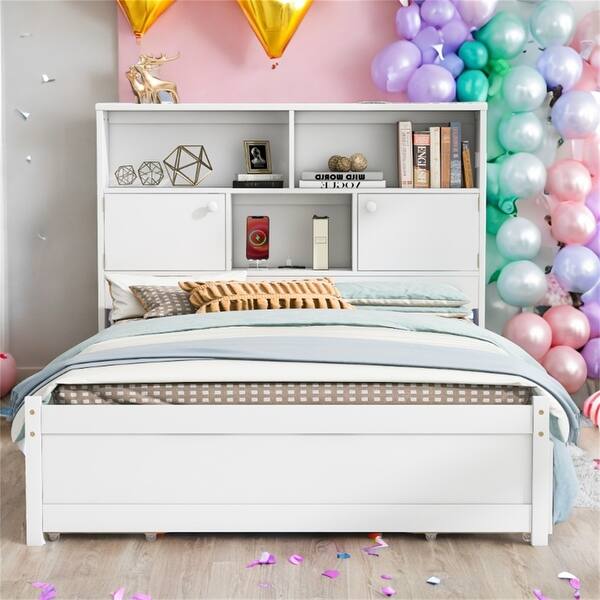 slide 2 of 12, Full Size Solid Pine Platform Kids Bed Frame with Storage Headboard, Charging Station, and 4-Drawers, Easy to Assemble, Grey