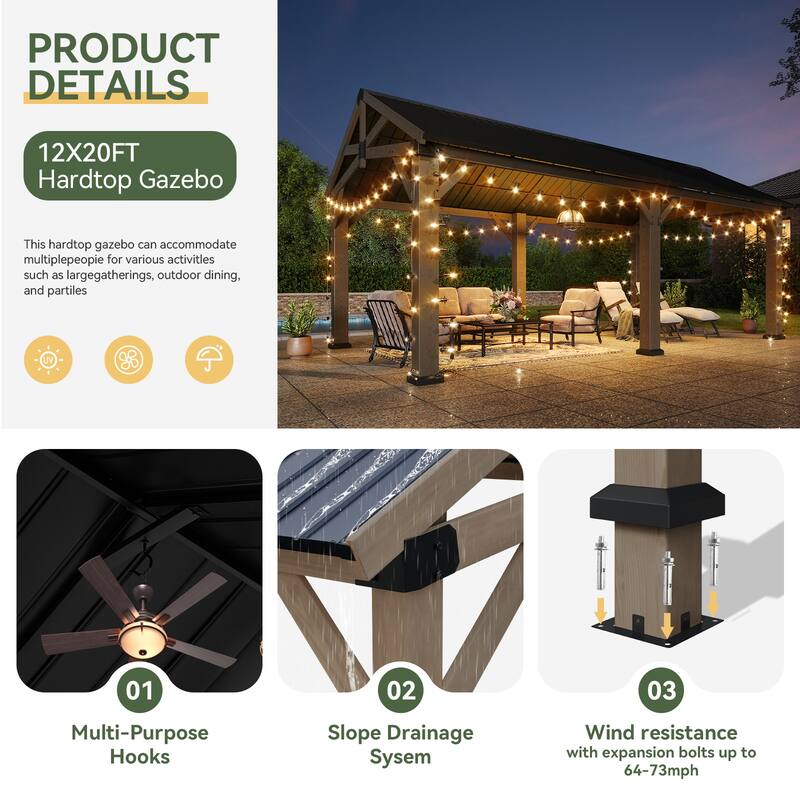 Outdoor Wood Gazebo with Galvanized Steel Gable Roof