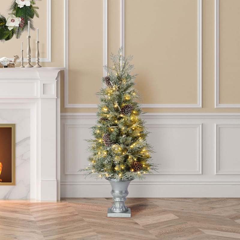 Glitzhome 4ft/5ft/6ft Flocked Pine Christmas Potted Porch Tree With Warm White Lights - 4FT Tree with Silver Pot