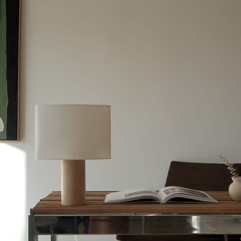 Brightech Mia 15.55 in. Polished Natural Wood Midcentury LED Standing Bedside Desk Table Lamp with Beige Cotton Drum Shade