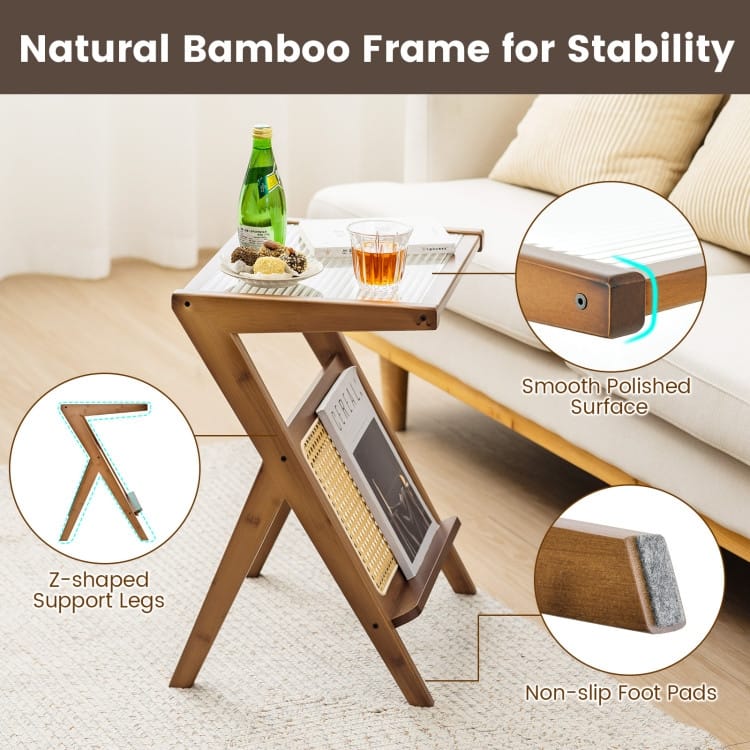 Decorative End Table with Rattan Accents and Storage Rack - 19.5" x 14" x 22" (L x W x H)