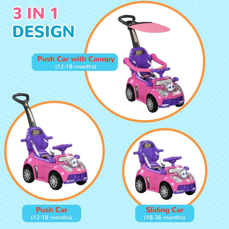 Qaba Push Car for Kids 1-3 Years, 3-in-1 Ride-On Sliding Car with Music, Horn, and Removable Handle
