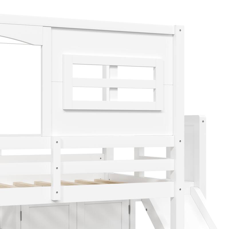 GDFStudio - Solid Wood Loft Bed with Wardrobe, Slide, Storage Shelves & LED