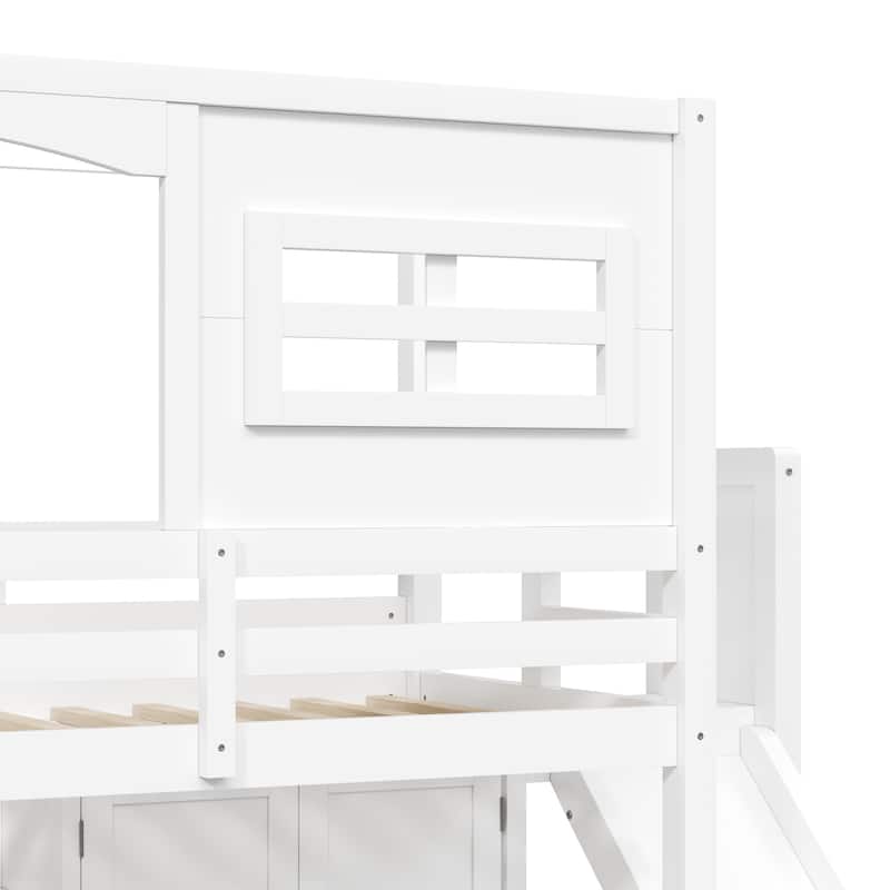 White Twin Size Wood Loft Bed with Slide, Wardrobe, Storage Shelves, LED Light, and House Frame