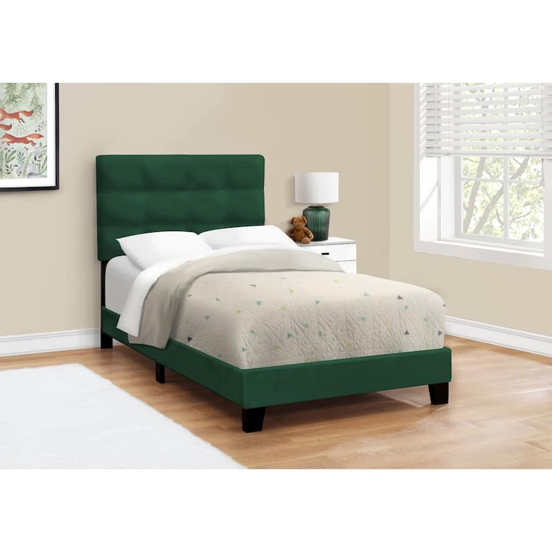 Bed, Twin Size, Upholstered, Bedroom, Frame Only, Juvenile, Green Velvet, Transitional