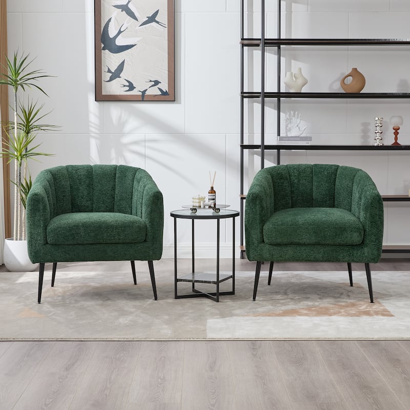 Chenille Upholstered Barrel Accent Chair, Channel Tufted Lounge Armchair, Round Reading Chair with Curved Backrest & Metal Legs