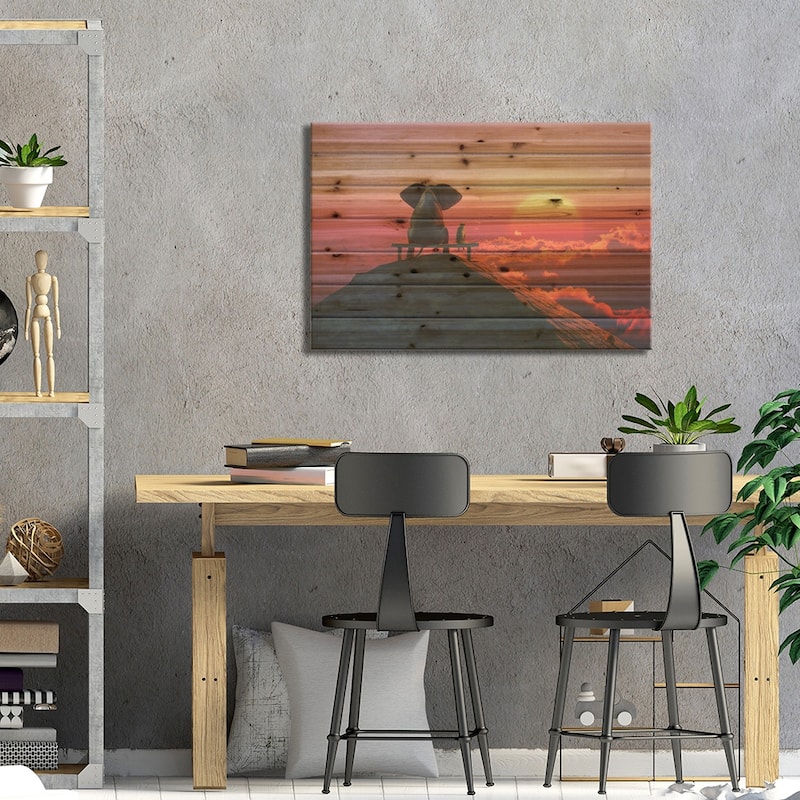 Elephant And Dog Sit On A Mountain Top At Sunset Print On Wood by Mike Kiev - Multi-Color