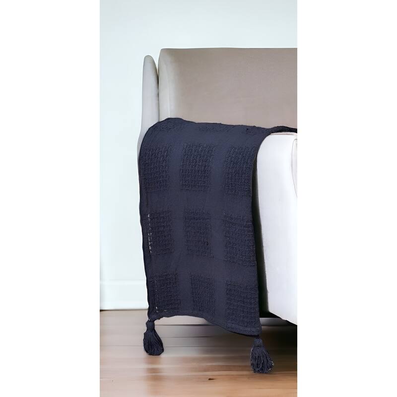 HomeRoots 50" X 60" Navy Blue Woven Cotton Throw Blanket with Tassels - Throw