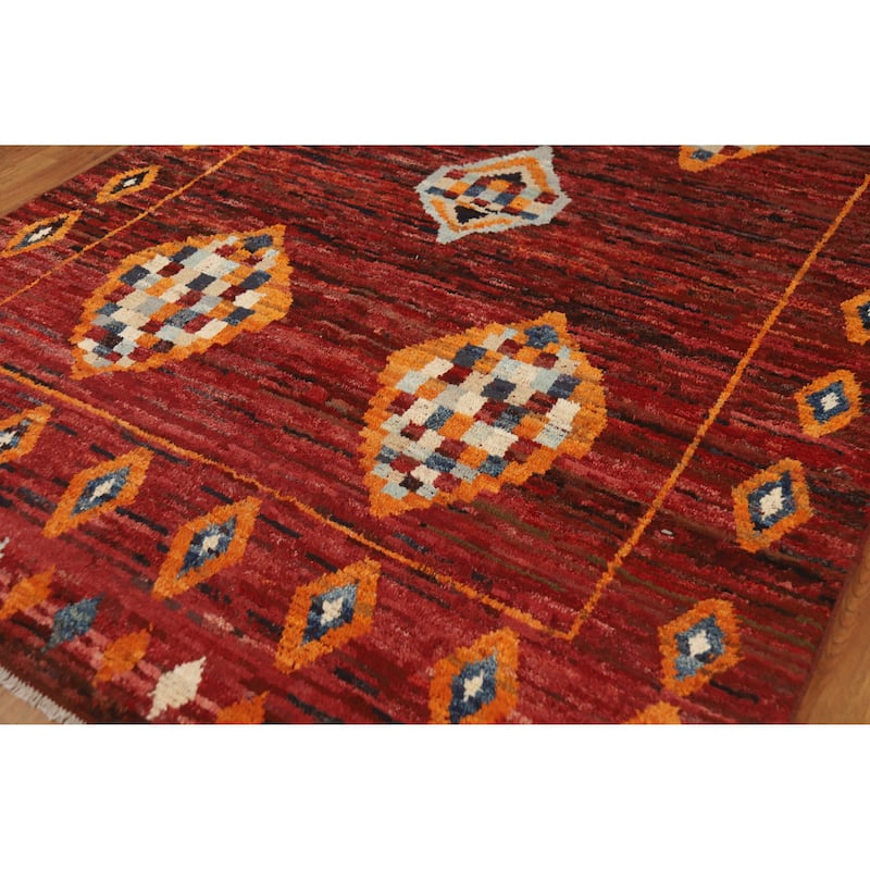 Geometric Moroccan Oriental Rug Handmade Red Wool Carpet - 6'9" x 9'11"