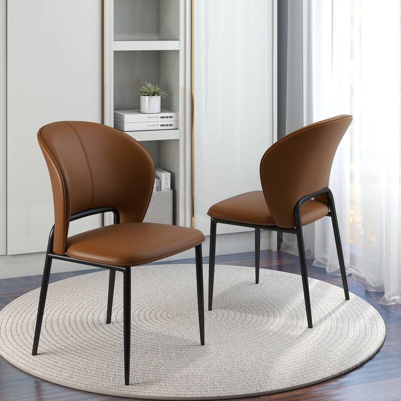 Mid-century Modern Dining Chairs, PU Leather Seat Cushion with Solid Wood Legs Set of 2 - Brown