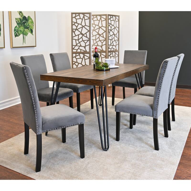 Vintage Dining Table and Chair Sets with Chrome Nailhead Trim Chairs and Metal Hairpin Table Legs for Kitchen Dining Room - Grey