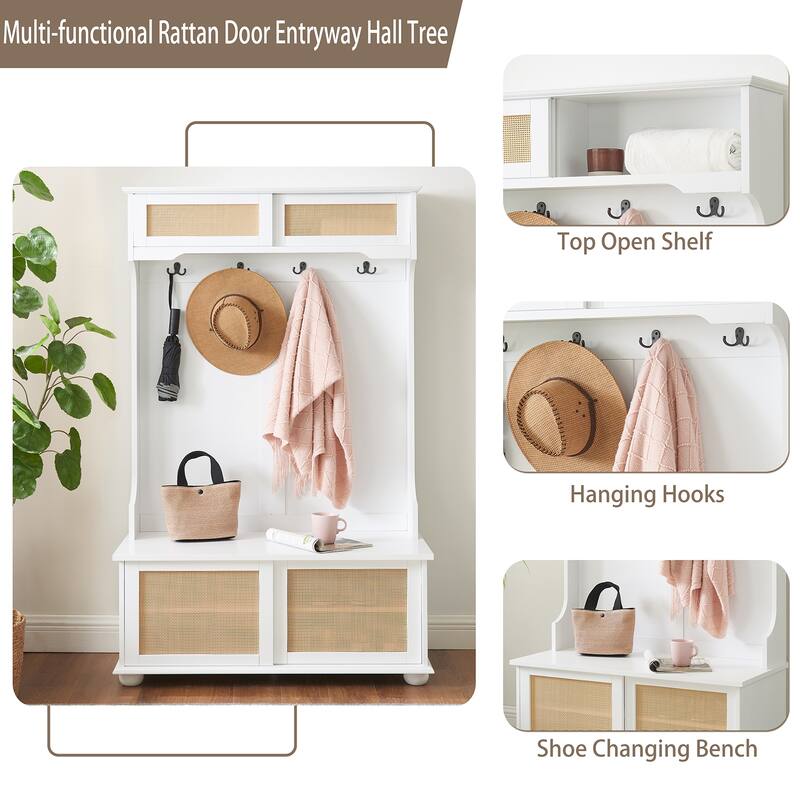 Hall Tree Hallway Shoe Cabinet Entryway Bench With Hanging Hooks Mudroom Coat Storage With Solid Feet