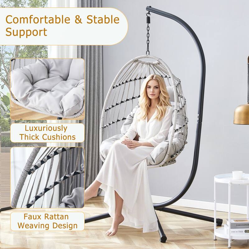Heavy-Duty Iron Hanging Chair with Wicker Weave for Indoor/Outdoor Comfort