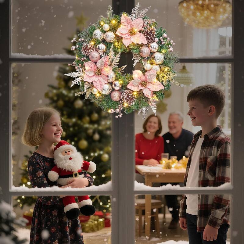 22" Christmas Wreath with Lights for Front Door with Rose Gold Balls Poinsettia Flowers - N/A